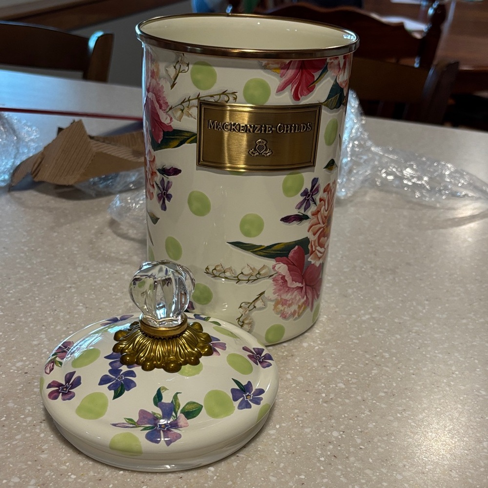 MacKenzie-Childs Floral Green Dot large Canister with Crystal Knob